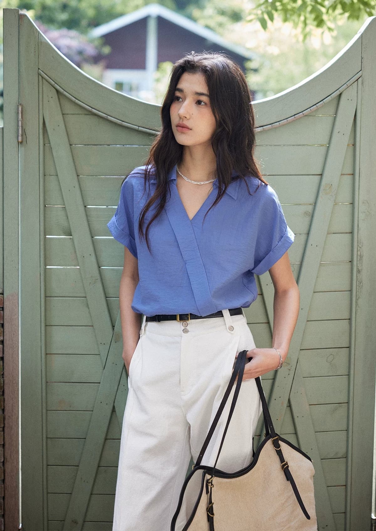 5 21 원점 신제품 9 접기 solighter 프랑스식 아마 혼방 V넥 반팔 여성 셔츠 여름 상세 이미지 1