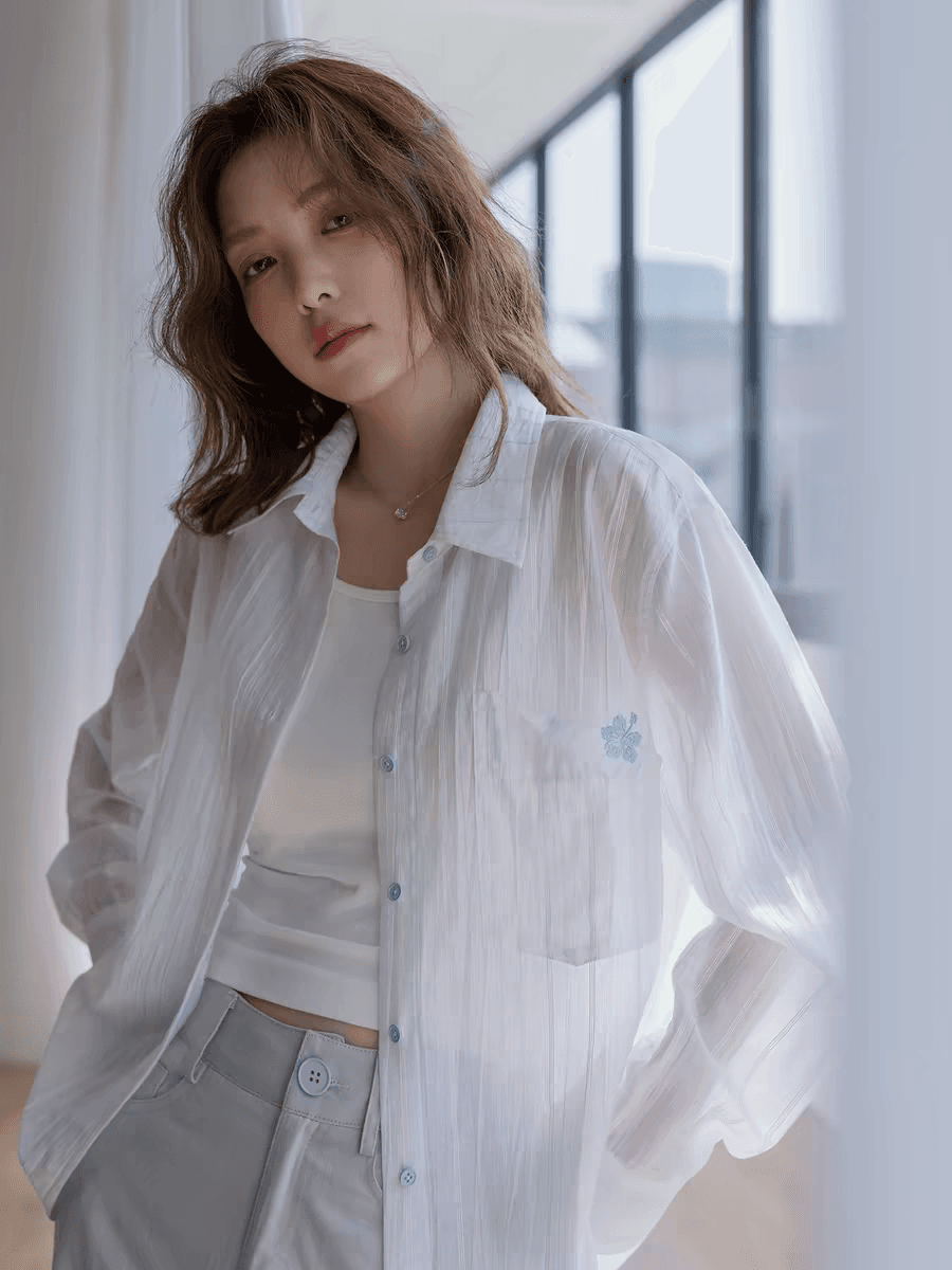 momolife 청소 상쾌 라이 경기 서울 블루 스트라이프 자외선 차단 셔츠 2026 여성 여름 화이트 자수 긴팔 셔츠 상세 이미지 3