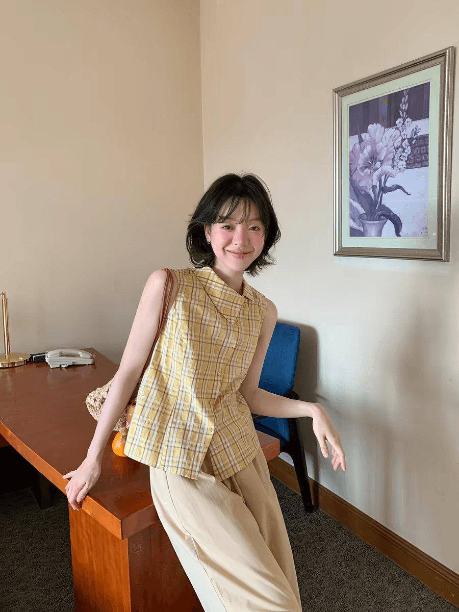 안녕하세요. 대포 디자인 센스 폴로 칼라 민소매 여성 셔츠 여름 새로운 체크무늬 작은 셔츠 캐주얼 다용도 맨위 트렌디 이미지 4