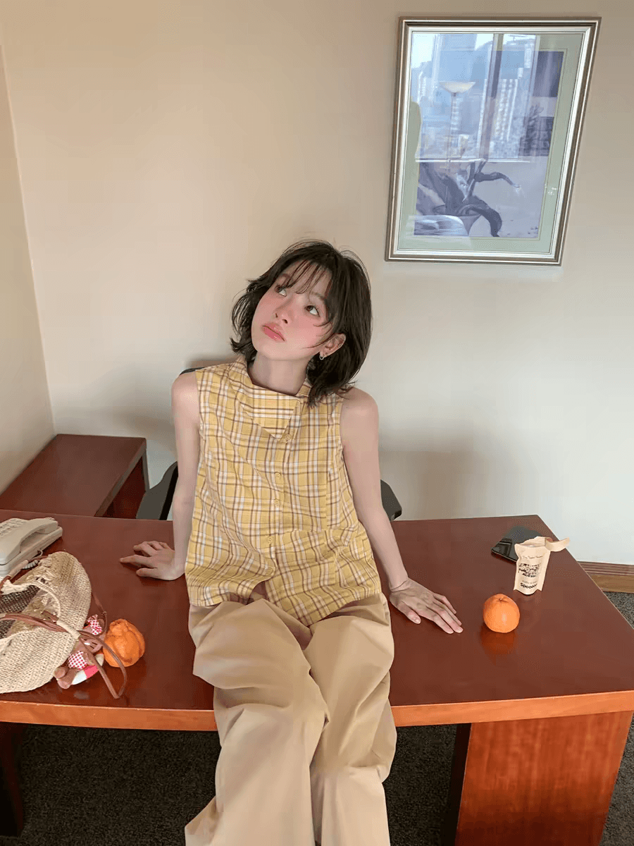 안녕하세요. 대포 디자인 센스 폴로 칼라 민소매 여성 셔츠 여름 새로운 체크무늬 작은 셔츠 캐주얼 다용도 맨위 트렌디 상세 이미지 3