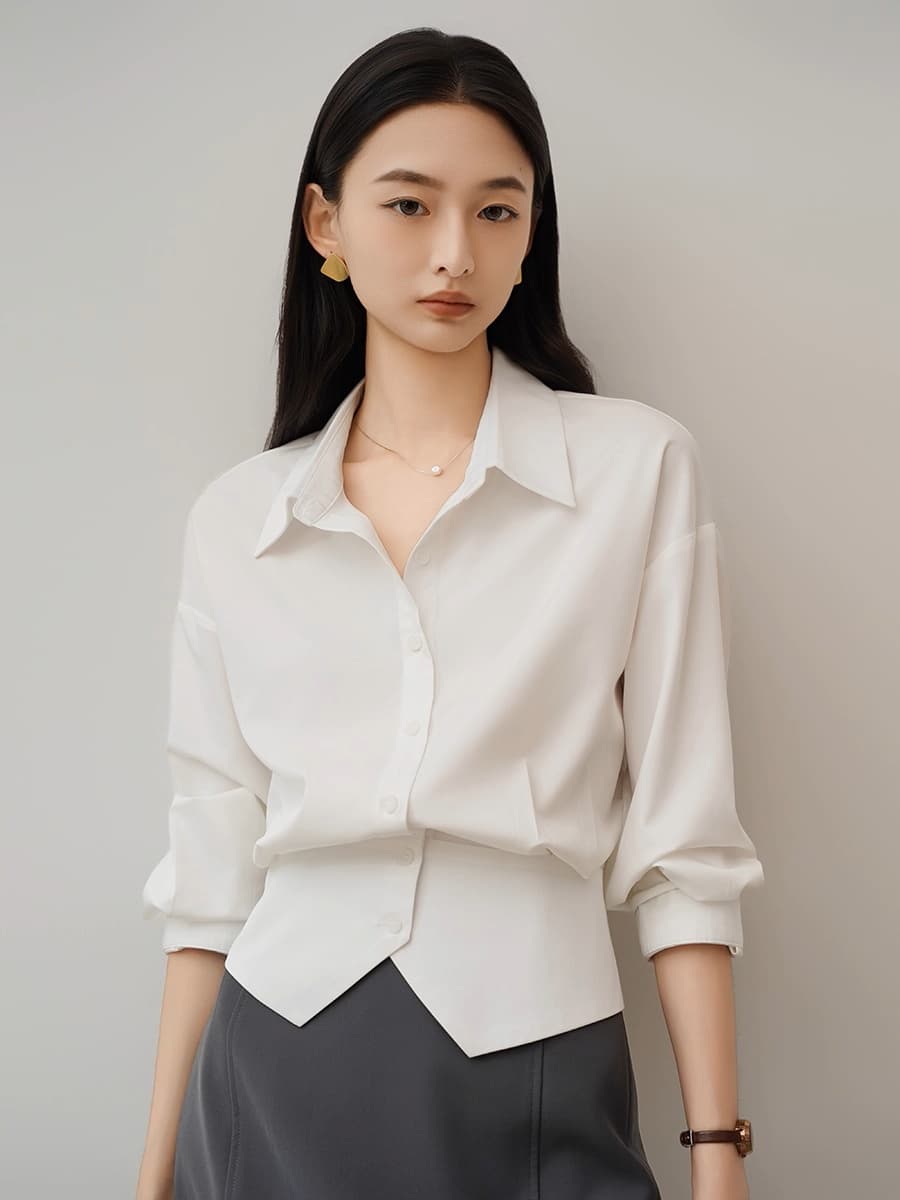 achu 훌륭함 자르기 화이트 허리 수축 여성 셔츠 여름 경력 출퇴근 착용 가져 가라. 셔츠 트임 디자인 센스 맨위 이미지 2