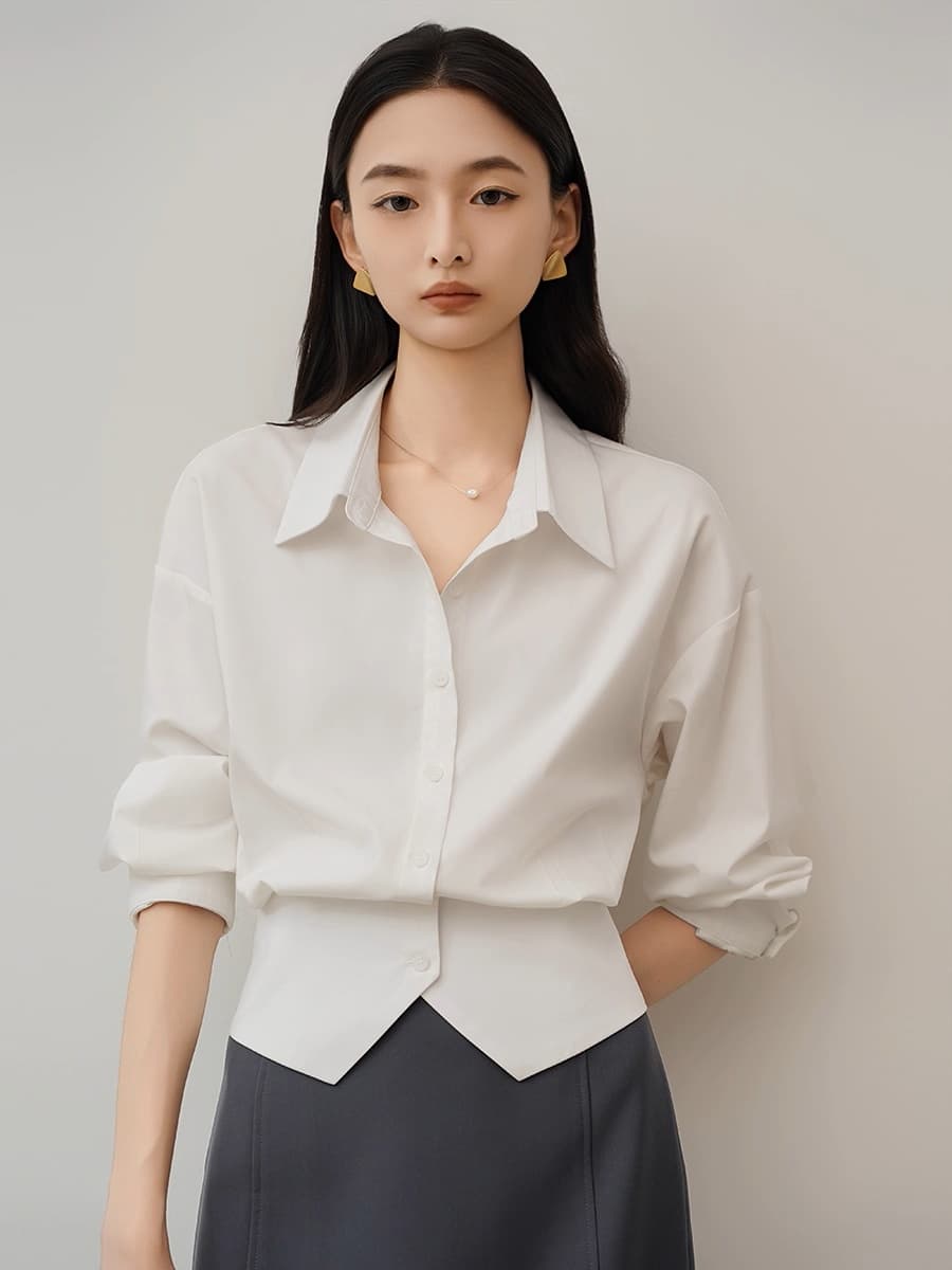 achu 훌륭함 자르기 화이트 허리 수축 여성 셔츠 여름 경력 출퇴근 착용 가져 가라. 셔츠 트임 디자인 센스 맨위 상세 이미지 4