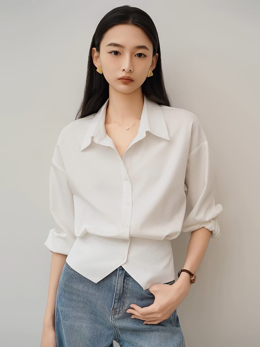 achu 훌륭함 자르기 화이트 허리 수축 여성 셔츠 여름 경력 출퇴근 착용 가져 가라. 셔츠 트임 디자인 센스 맨위 상세 이미지 5