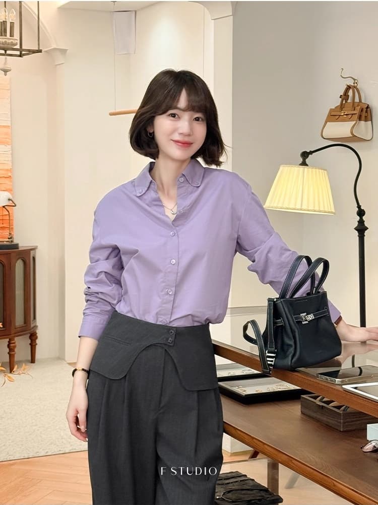 포도 뮤 S 법 홈 한 부서 단색 여성 셔츠 2025 새로운 캐주얼 패션 맨위 상세 이미지 2