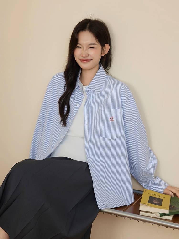 핑크색 스트라이프 여성 셔츠 봄 가을 학원 스타일 루즈핏 캐주얼 셔츠 재킷 이미지 3