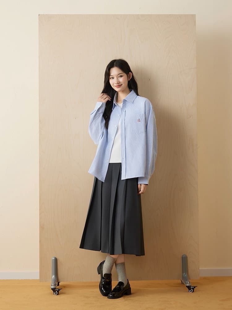핑크색 스트라이프 여성 셔츠 봄 가을 학원 스타일 루즈핏 캐주얼 셔츠 재킷 이미지 4