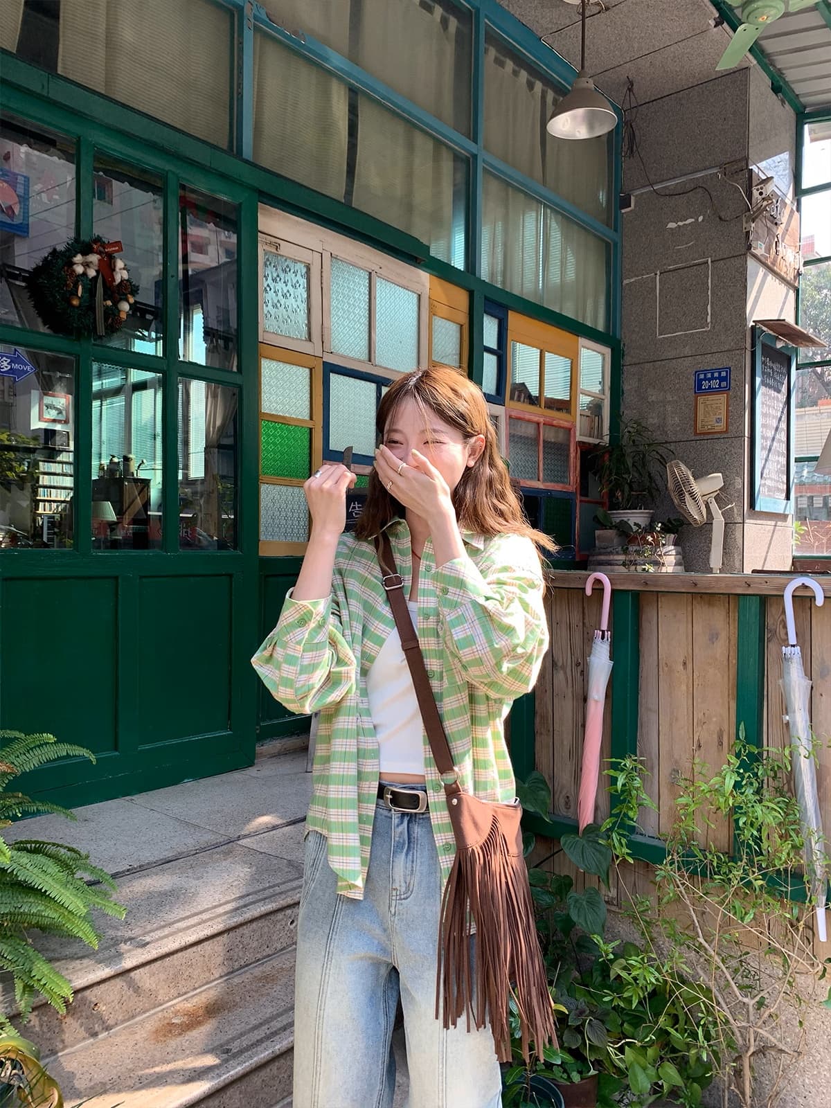 rainy 가을 어깨 루즈핏 문 襟 자수 체크무늬 셔츠 봄 가을 여성 다용도 캐주얼 이른 봄 셔츠 체크무늬 맨위 상세 이미지 5