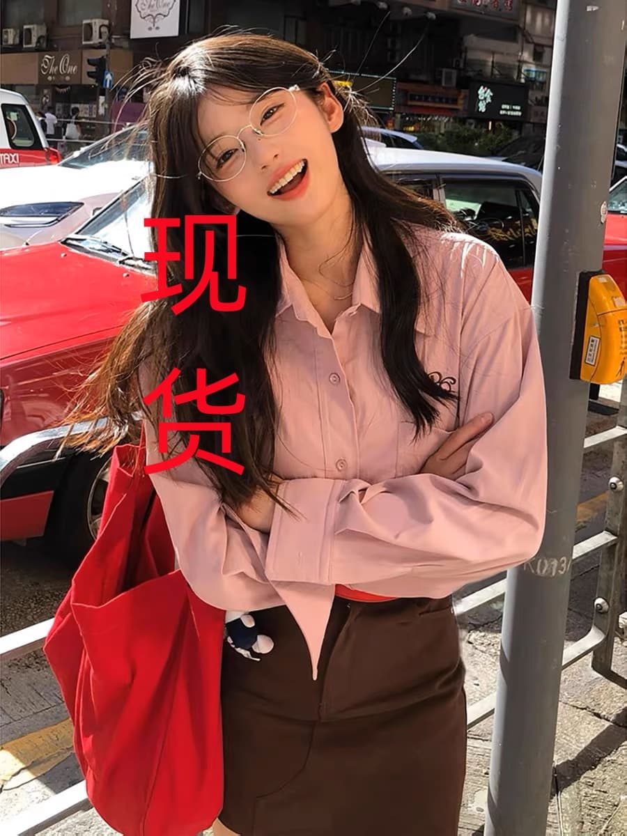 고급 센스 핑크색 셔츠 여성 코트 이른 가을 한 부서 착용 가져 가라. 알파벳 자수 긴팔 셔츠 루즈핏 캐주얼 맨위 상세 이미지 2