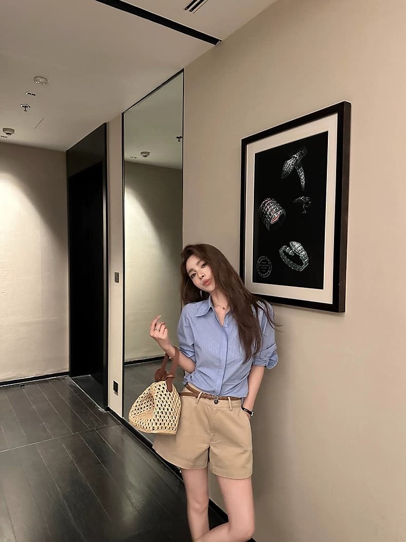 lilylikes 장기 지배 셔츠 높은 지점 100 고급 빗질된 면 3 차원 핀치 Pleat 허리 수축 스트라이프 셔츠 상세 이미지 1