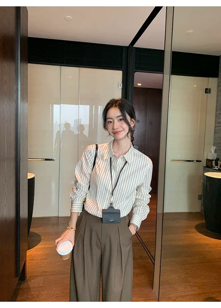 maven lin 제인 우아한 지성 품격 핑크색 스트라이프 긴팔 여성 셔츠 고급 센스 출퇴근 루즈핏 셔츠 상세 이미지 1