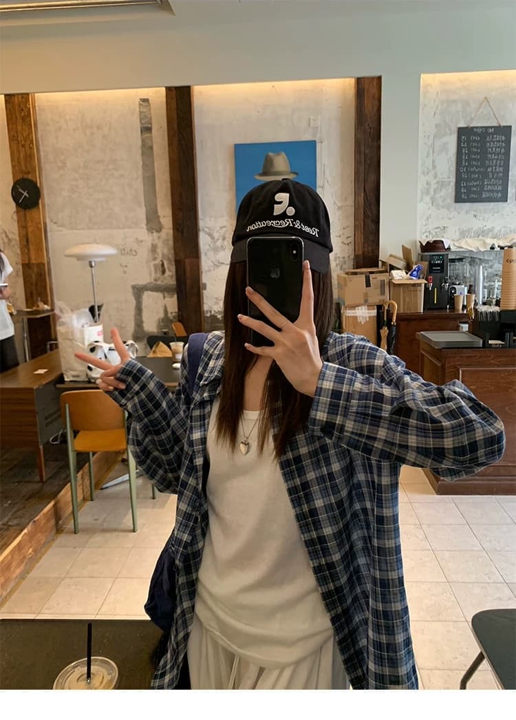 송 긍정적 인 En 블루 색상 격자 무늬 셔츠 자외선 차단 여성 코트 가을 한 부서 느긋한 센스 루즈핏 캐주얼 긴팔 맨위
