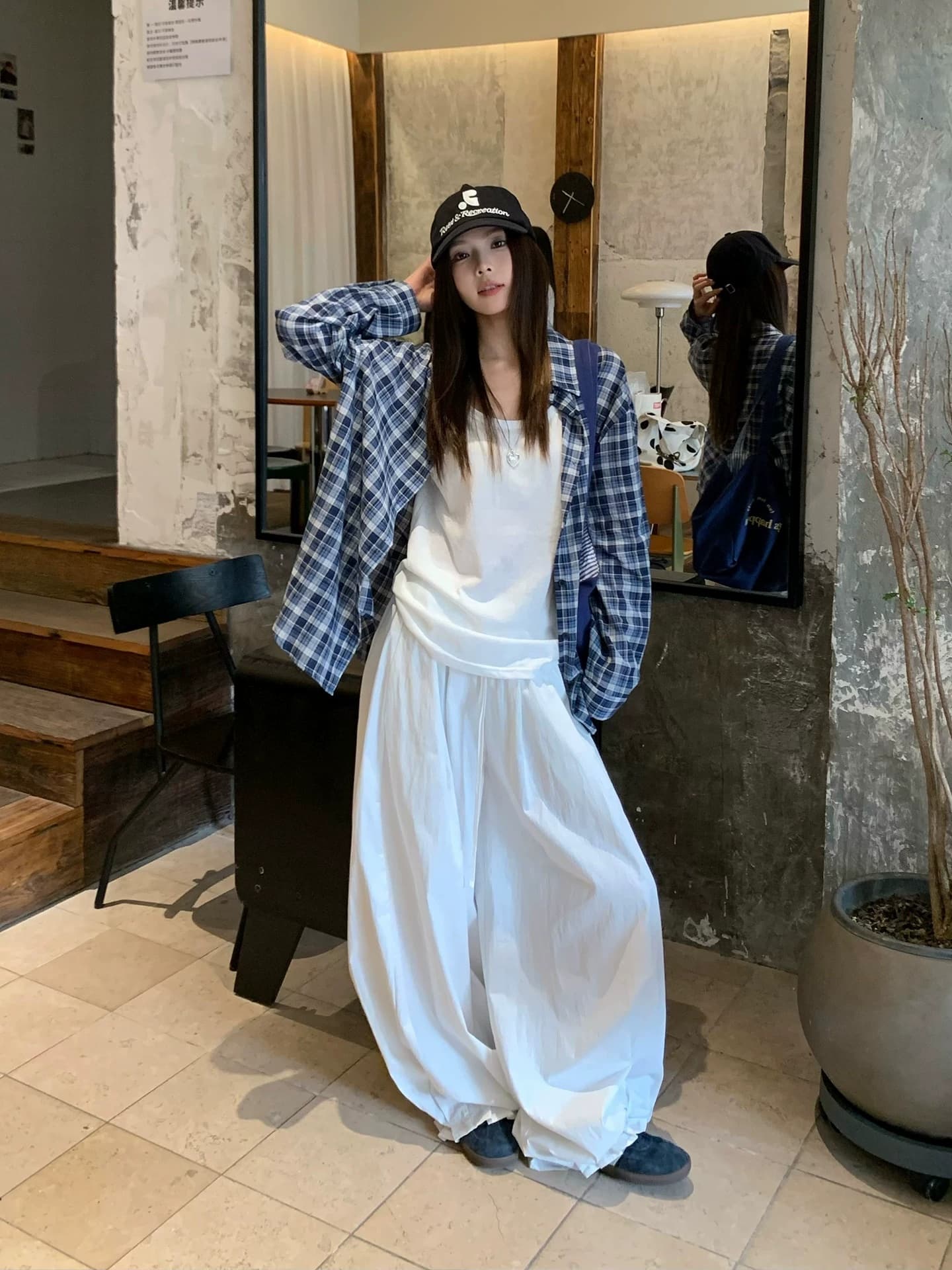송 긍정적 인 En 블루 색상 격자 무늬 셔츠 자외선 차단 여성 코트 가을 한 부서 느긋한 센스 루즈핏 캐주얼 긴팔 맨위 상세 이미지 4