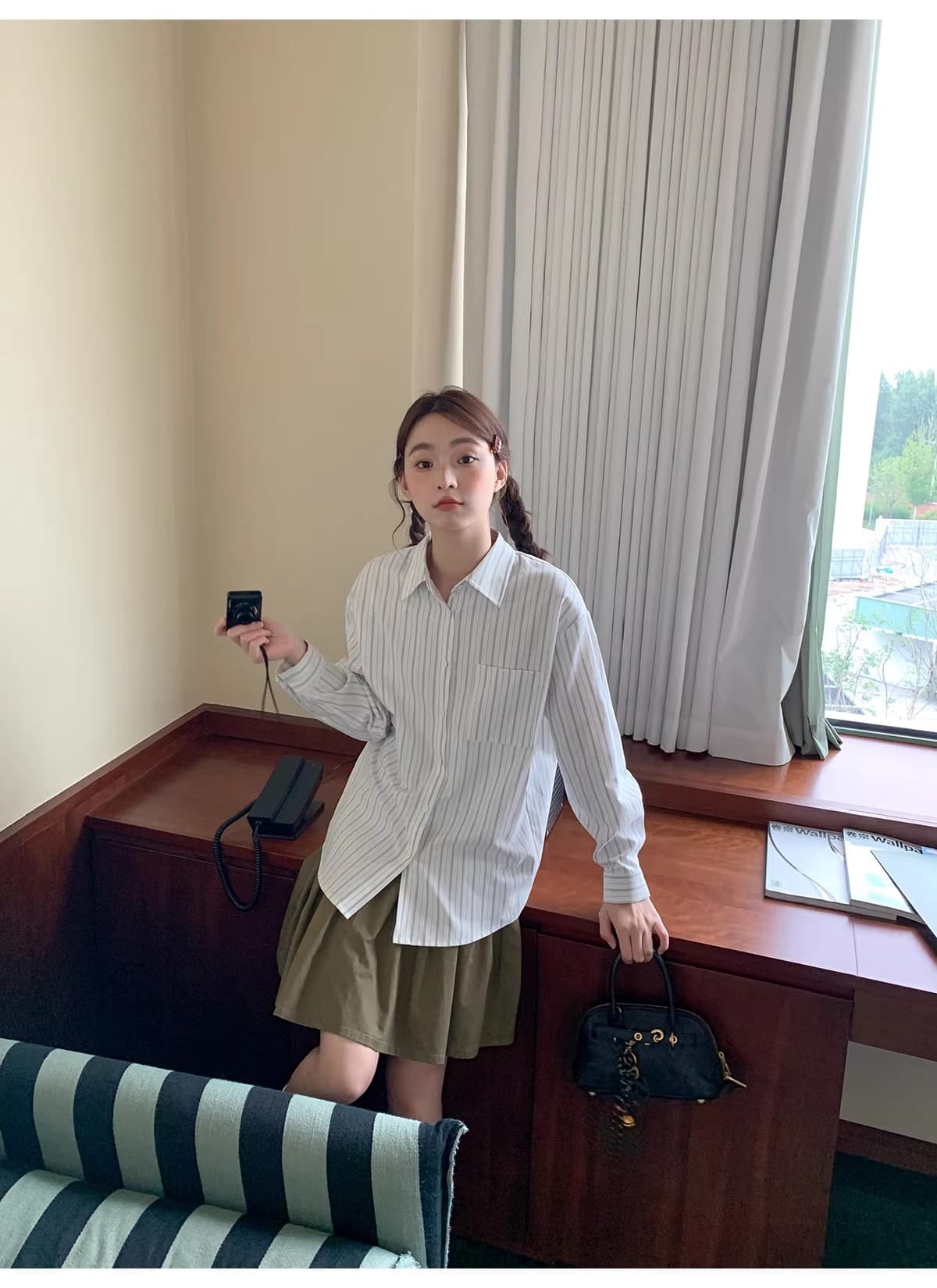 안녕하세요. 대포 한 부서 작은 대중 폴로 칼라 스트라이프 긴팔 여성 셔츠 봄 고유 한 Chic 작은 셔츠 품격 맨위 이미지 3