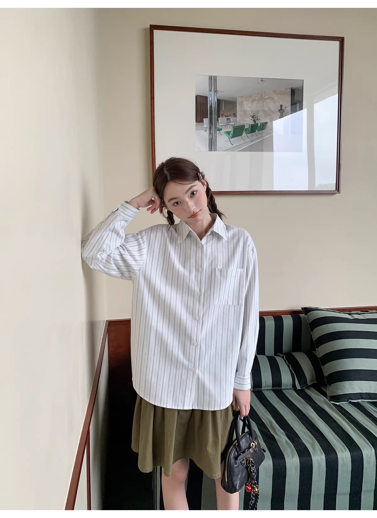 안녕하세요. 대포 한 부서 작은 대중 폴로 칼라 스트라이프 긴팔 여성 셔츠 봄 고유 한 Chic 작은 셔츠 품격 맨위 이미지 4