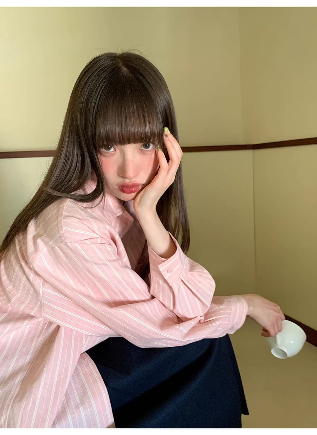 안녕하세요. 대포 한 부서 작은 대중 폴로 칼라 스트라이프 긴팔 여성 셔츠 봄 고유 한 Chic 작은 셔츠 품격 맨위 상세 이미지 4