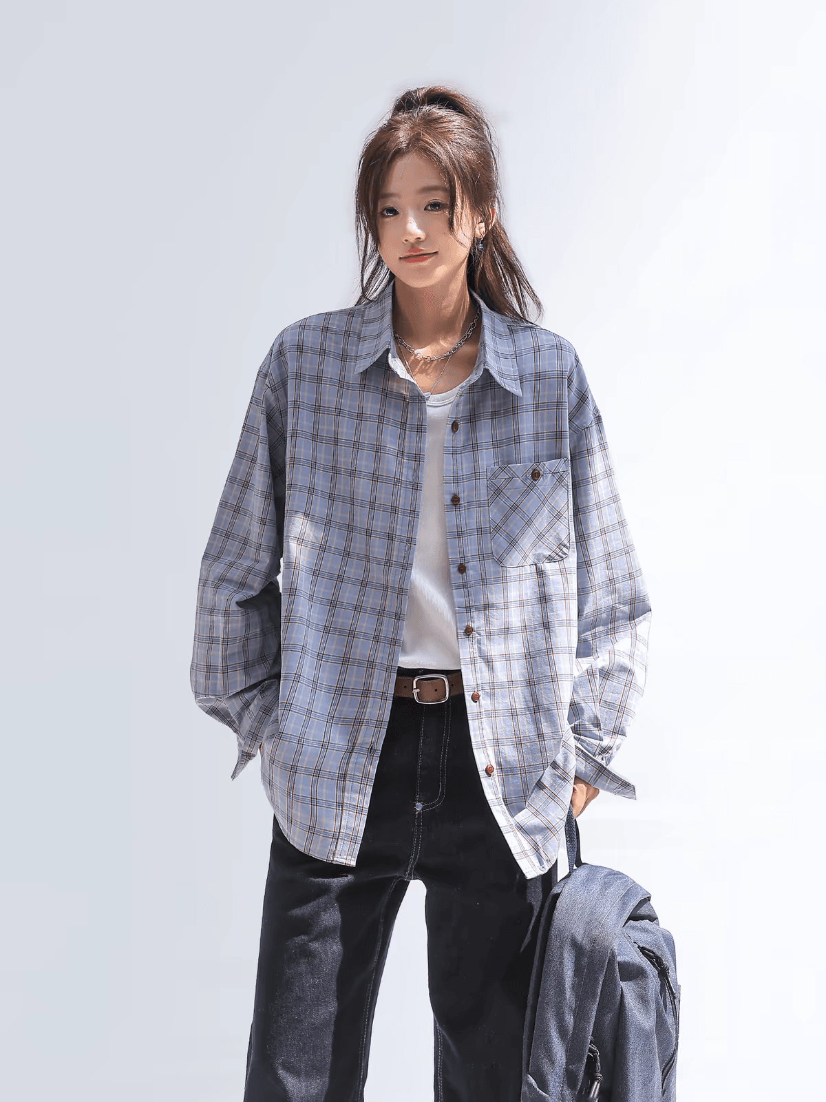 chant2nd 여성 셔츠 가을 2026 새로운 한 부서 파란색 체크무늬 루즈핏 슬림해 보이는 긴팔 맨위 상세 이미지 4