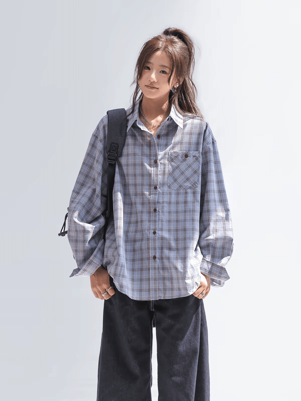 chant2nd 여성 셔츠 가을 2026 새로운 한 부서 파란색 체크무늬 루즈핏 슬림해 보이는 긴팔 맨위 상세 이미지 5