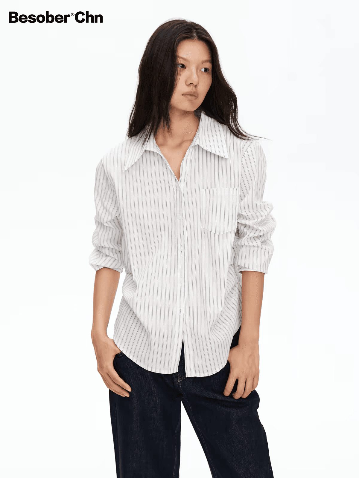 besober 스트라이프 화이트 폴로 칼라 허리 명중 Pleat 여성 셔츠 루즈핏 캐주얼 품격 긴팔 셔츠 맨위 가을