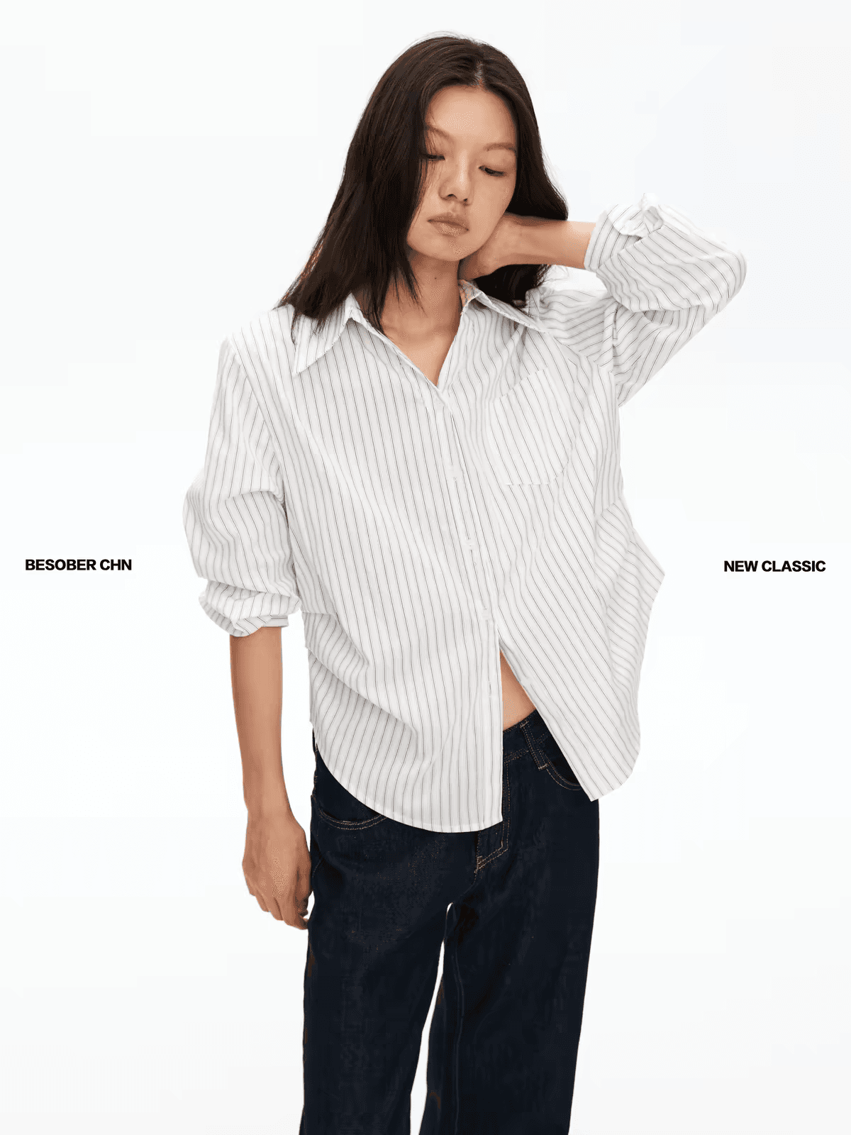 besober 스트라이프 화이트 폴로 칼라 허리 명중 Pleat 여성 셔츠 루즈핏 캐주얼 품격 긴팔 셔츠 맨위 가을 상세 이미지 4