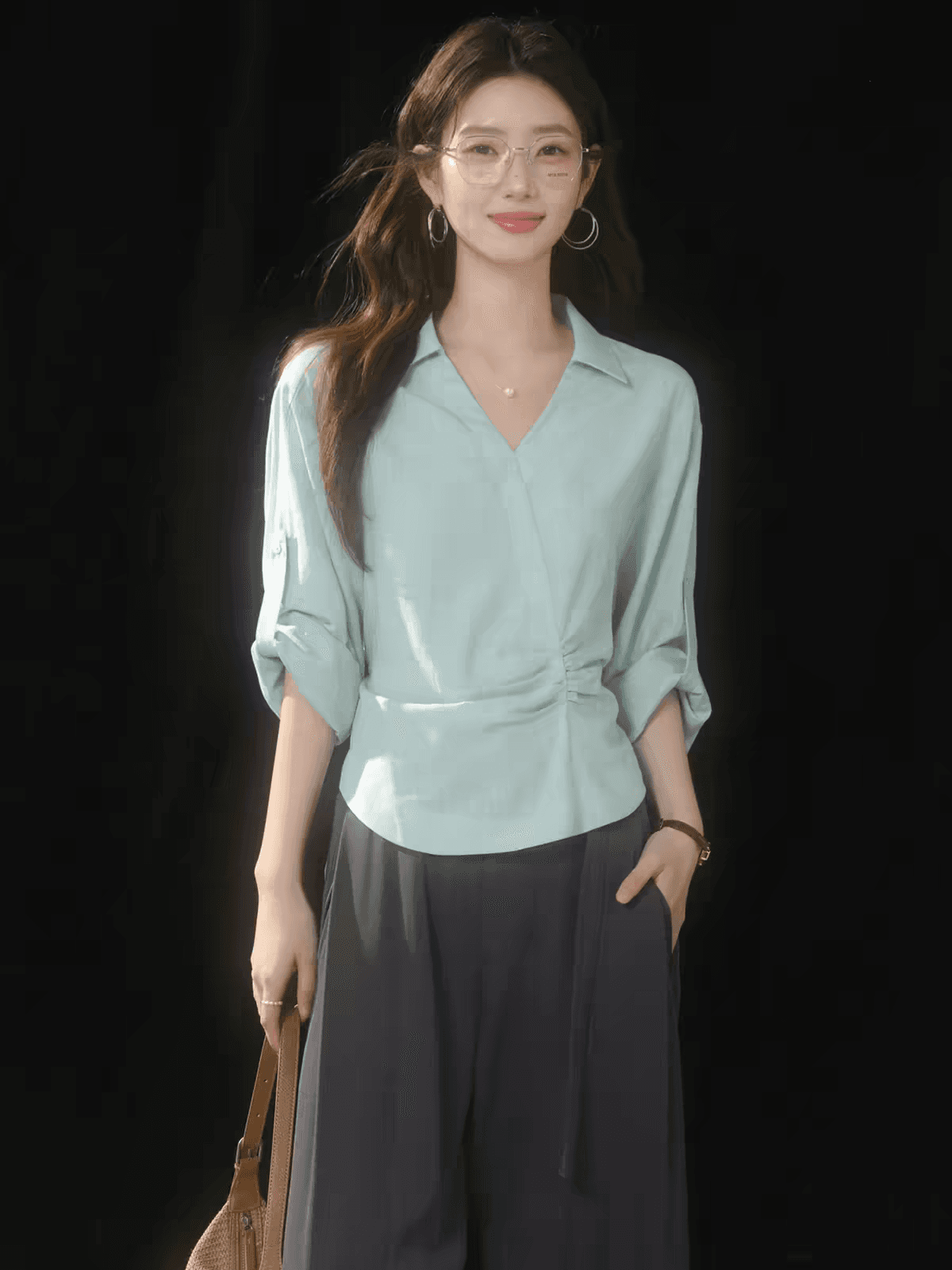 sleepybunny 박하 녹색 프랑스식 V넥 허리 수축 긴팔 여성 셔츠 여름 라이 경기 서울 출퇴근 외출용 맨위 상세 이미지 2