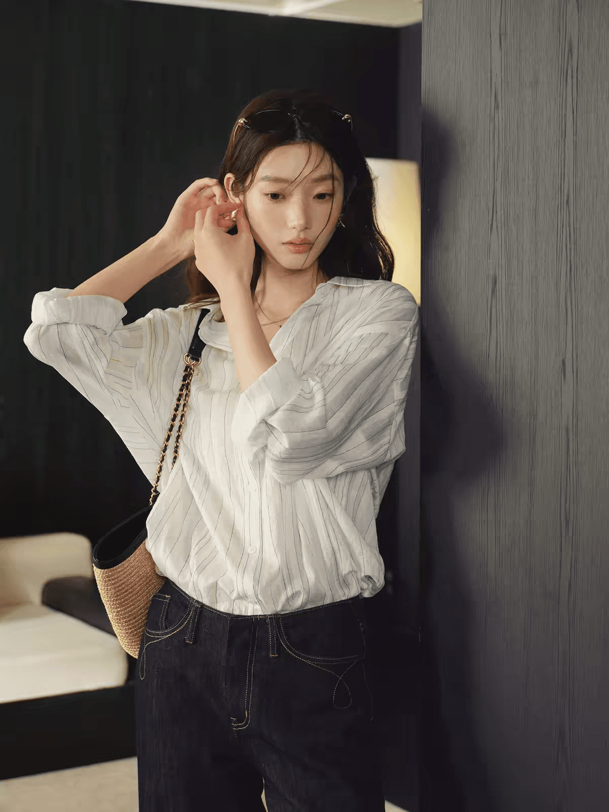 sleepybunny 화이트 스트라이프 긴팔 여성 셔츠 가을 루즈핏 캐주얼 얇고 가벼운 자외선 차단 셔츠 재킷 이미지 3
