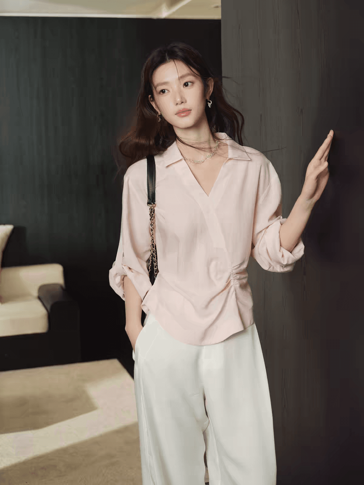 sleepybunny 박하 녹색 프랑스식 V넥 허리 수축 긴팔 여성 셔츠 여름 라이 경기 서울 출퇴근 외출용 맨위 이미지 3