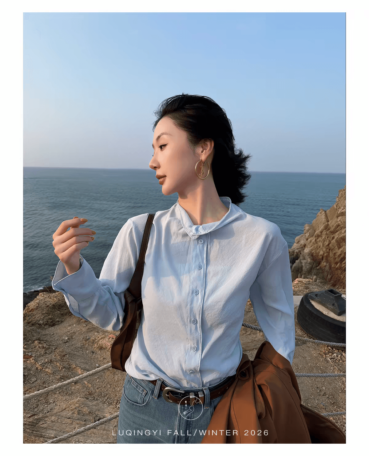 왜가리 녹색 하나 오리지널 구름 산등성이 미니멀리즘 모달 여성 셔츠 가을 스탠드 칼라 느긋한 루즈핏 캐주얼 긴팔 맨위