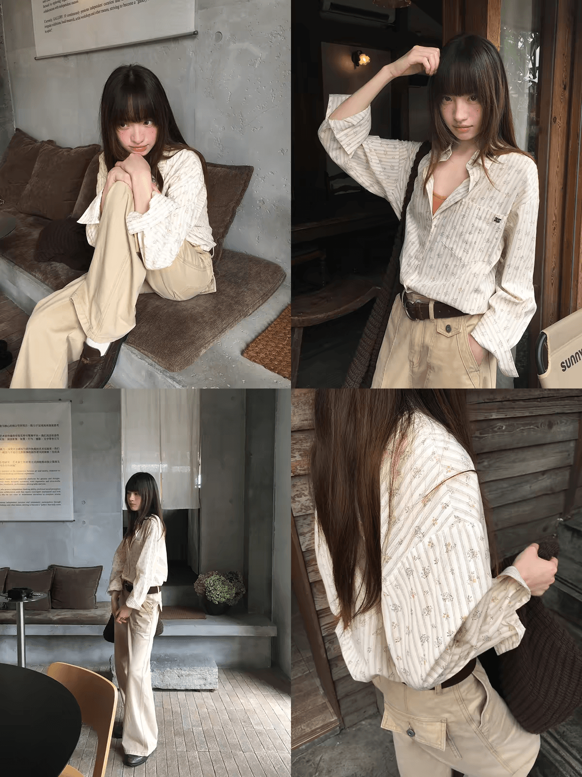 대포 우유 달콤한 꽃무늬 폴로 칼라 스트라이프 꽃무늬 긴팔 루즈핏 셔츠 이미지 4