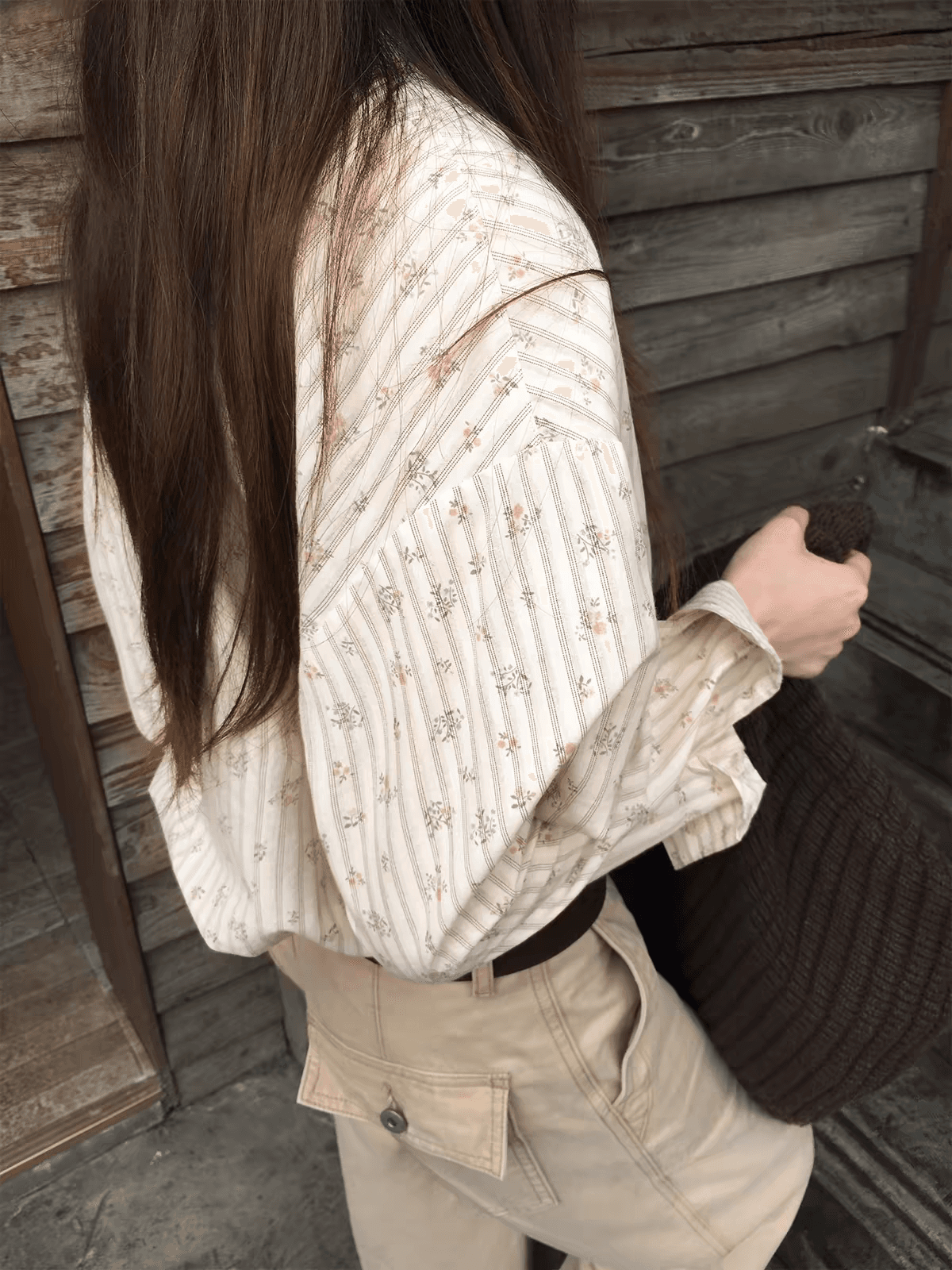 대포 우유 달콤한 꽃무늬 폴로 칼라 스트라이프 꽃무늬 긴팔 루즈핏 셔츠 상세 이미지 1
