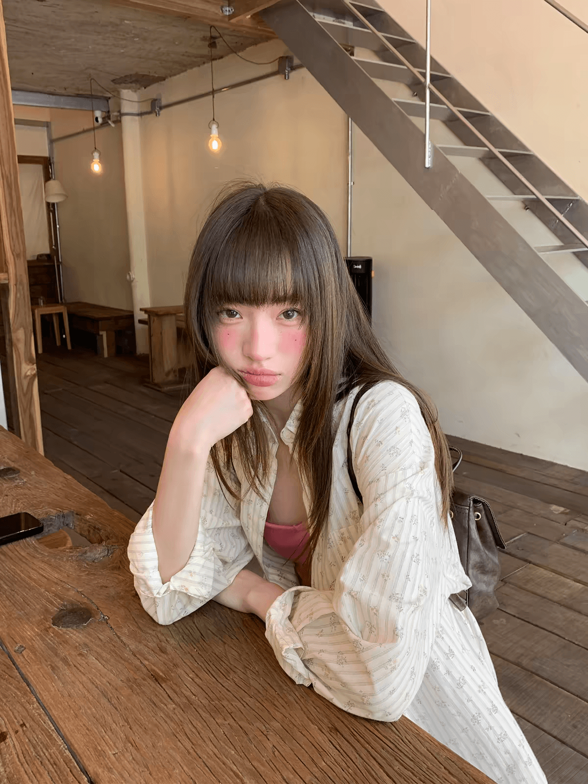 대포 우유 달콤한 꽃무늬 폴로 칼라 스트라이프 꽃무늬 긴팔 루즈핏 셔츠 상세 이미지 3