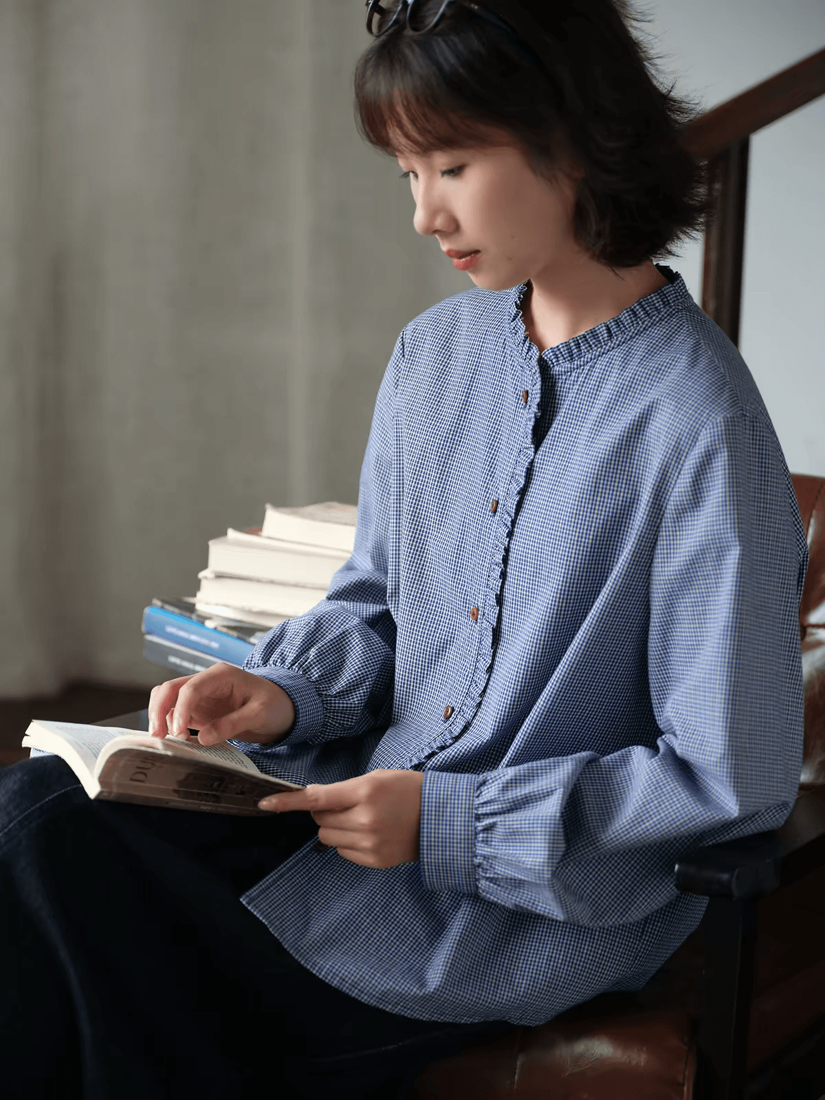 측면 솔기 오리지널 시리아 셔츠 순면 프릴 체크무늬 여성 셔츠 가을 루즈핏 긴팔 셔츠 품격 맨위 이미지 2