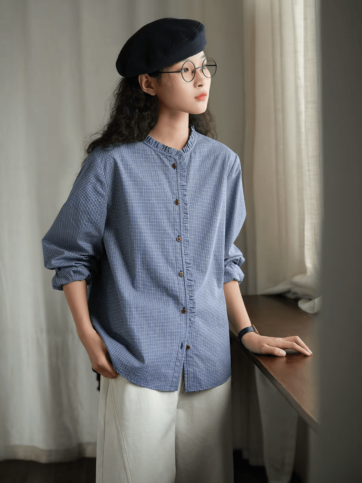 측면 솔기 오리지널 시리아 셔츠 순면 프릴 체크무늬 여성 셔츠 가을 루즈핏 긴팔 셔츠 품격 맨위 이미지 4
