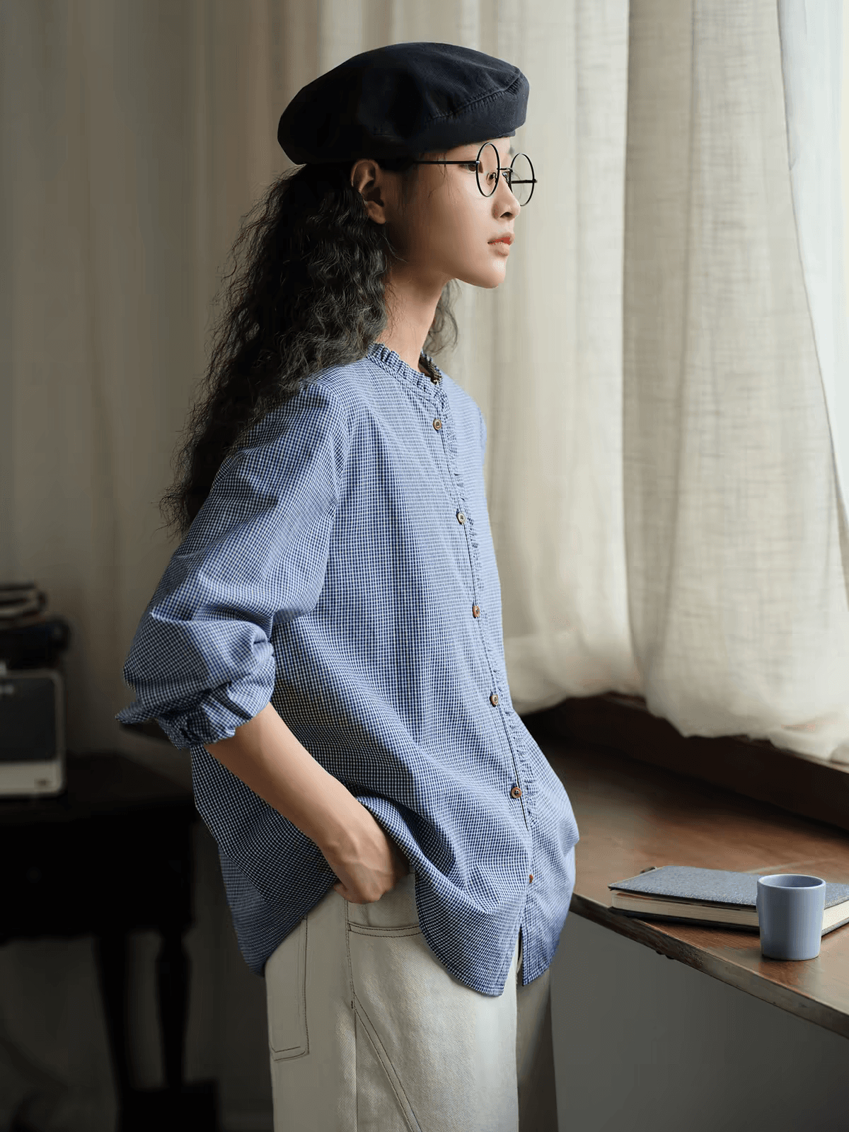 측면 솔기 오리지널 시리아 셔츠 순면 프릴 체크무늬 여성 셔츠 가을 루즈핏 긴팔 셔츠 품격 맨위 상세 이미지 3