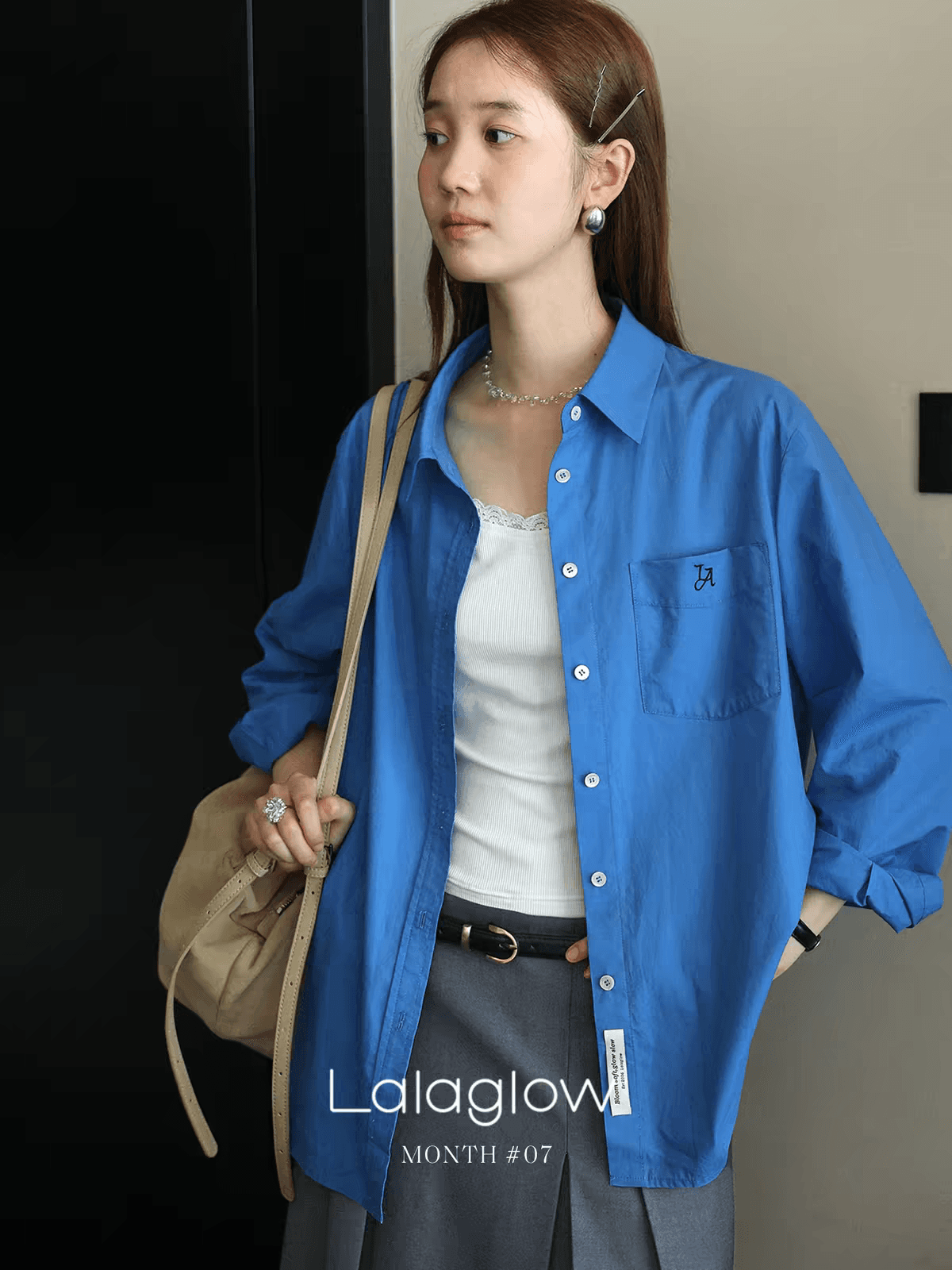 lalaglow 한 부서 서리가 내린 바람 편안함 다용도 루즈핏 자수 긴팔 셔츠 캐주얼 출퇴근 여성 코트 가을 상세 이미지 1