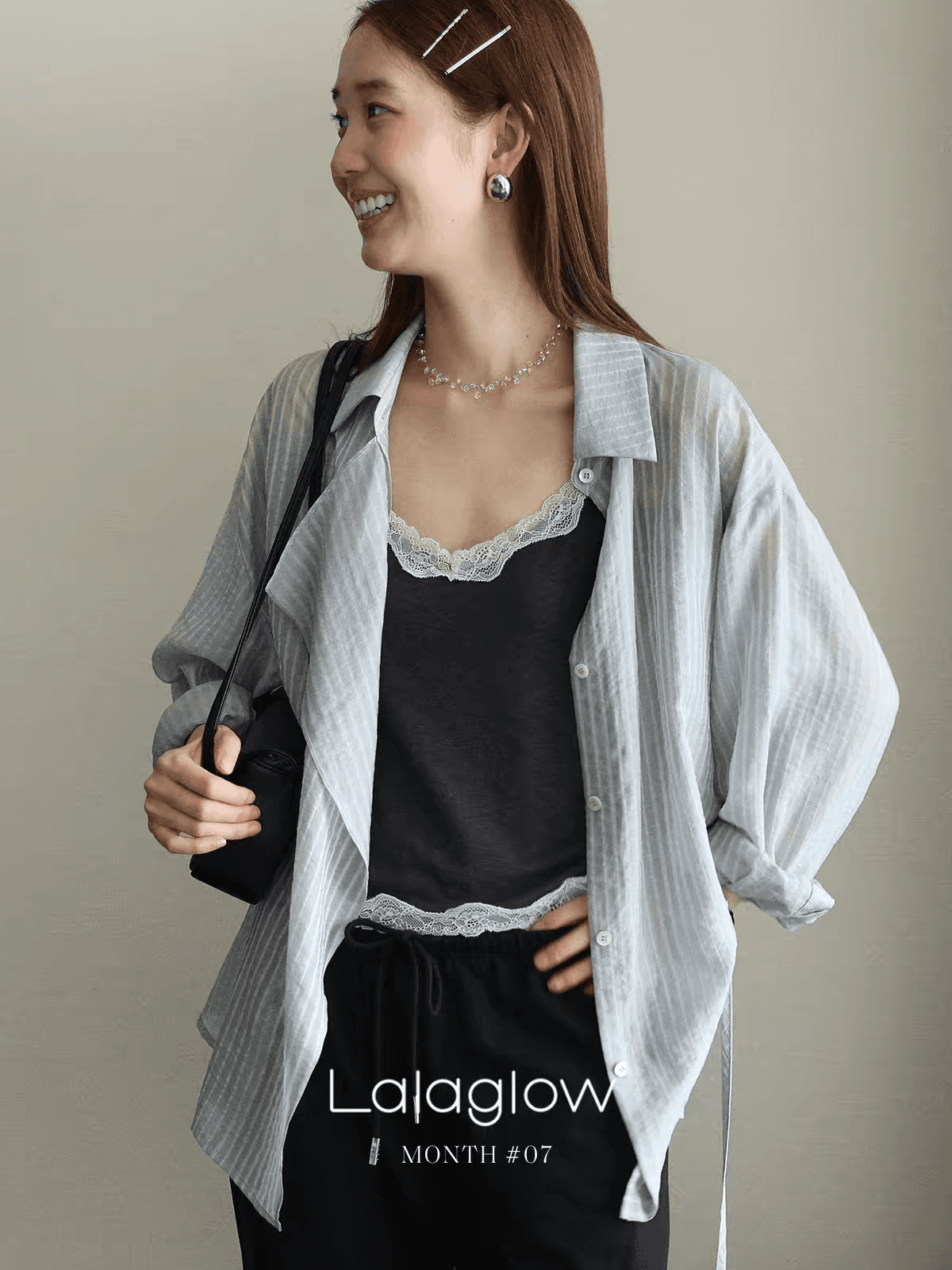 lalaglow 라이 경기 서울 한 부서 미니멀리즘 디자인 센스 느긋한 바람 허리 수축 슬림해 보이는 레이스업 긴팔 스트라이프 셔츠 이미지 3