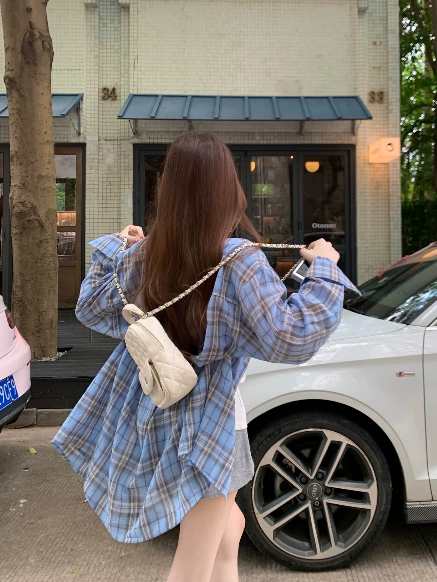 송 긍정적 인 En 파란색 격자 무늬 셔츠 여성 코트 이른 가을 자외선 차단 루즈핏 느긋한 센스 캐주얼 다용도 긴팔 작은 맨위 이미지 3