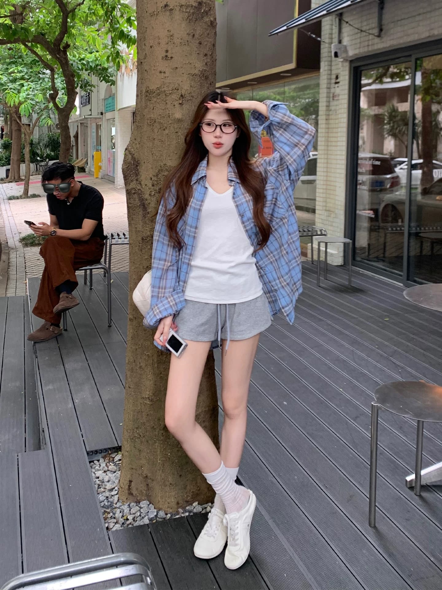 송 긍정적 인 En 파란색 격자 무늬 셔츠 여성 코트 이른 가을 자외선 차단 루즈핏 느긋한 센스 캐주얼 다용도 긴팔 작은 맨위 이미지 2