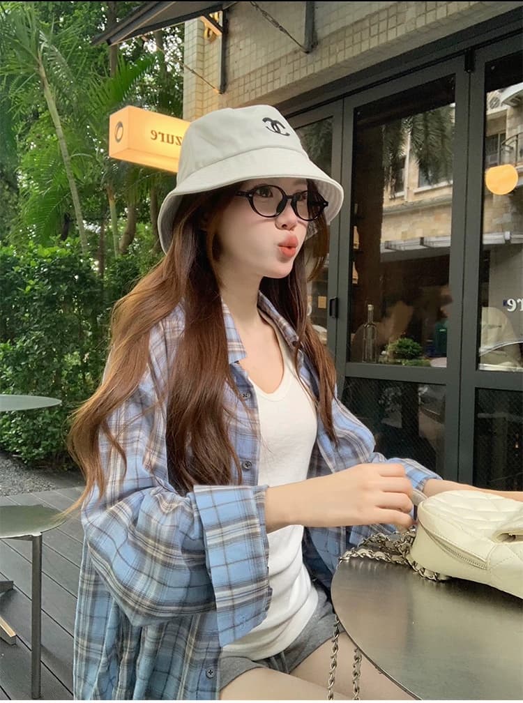 송 긍정적 인 En 파란색 격자 무늬 셔츠 여성 코트 이른 가을 자외선 차단 루즈핏 느긋한 센스 캐주얼 다용도 긴팔 작은 맨위 상세 이미지 1