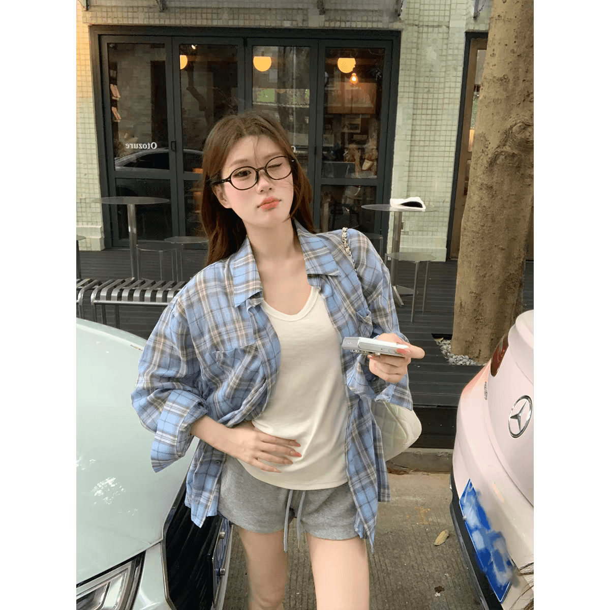 송 긍정적 인 En 파란색 격자 무늬 셔츠 여성 코트 이른 가을 자외선 차단 루즈핏 느긋한 센스 캐주얼 다용도 긴팔 작은 맨위 상세 이미지 4
