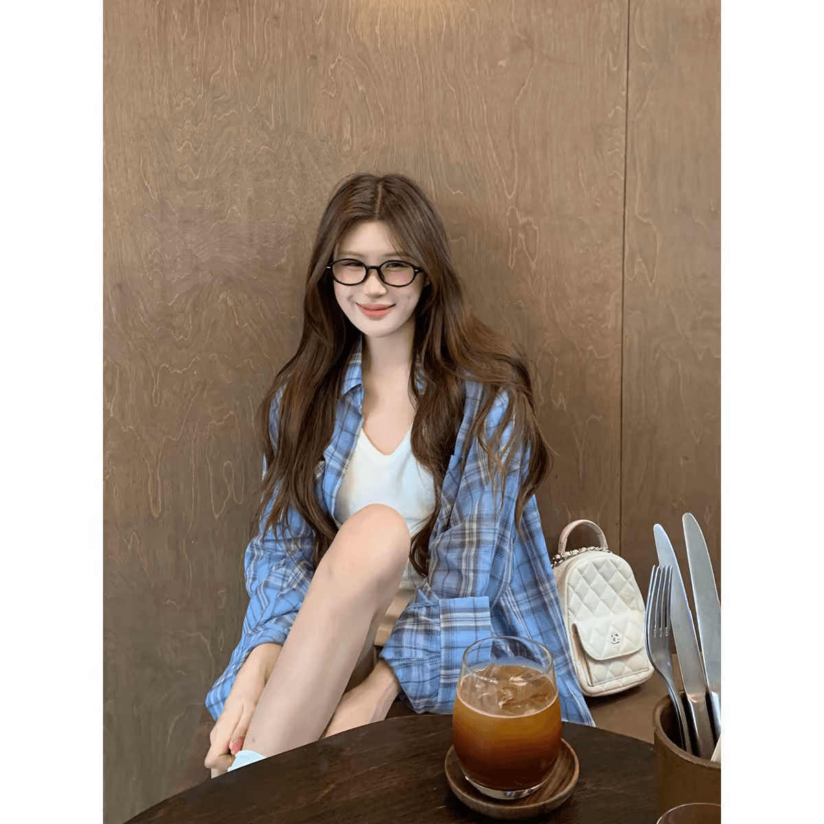 송 긍정적 인 En 파란색 격자 무늬 셔츠 여성 코트 이른 가을 자외선 차단 루즈핏 느긋한 센스 캐주얼 다용도 긴팔 작은 맨위 상세 이미지 5