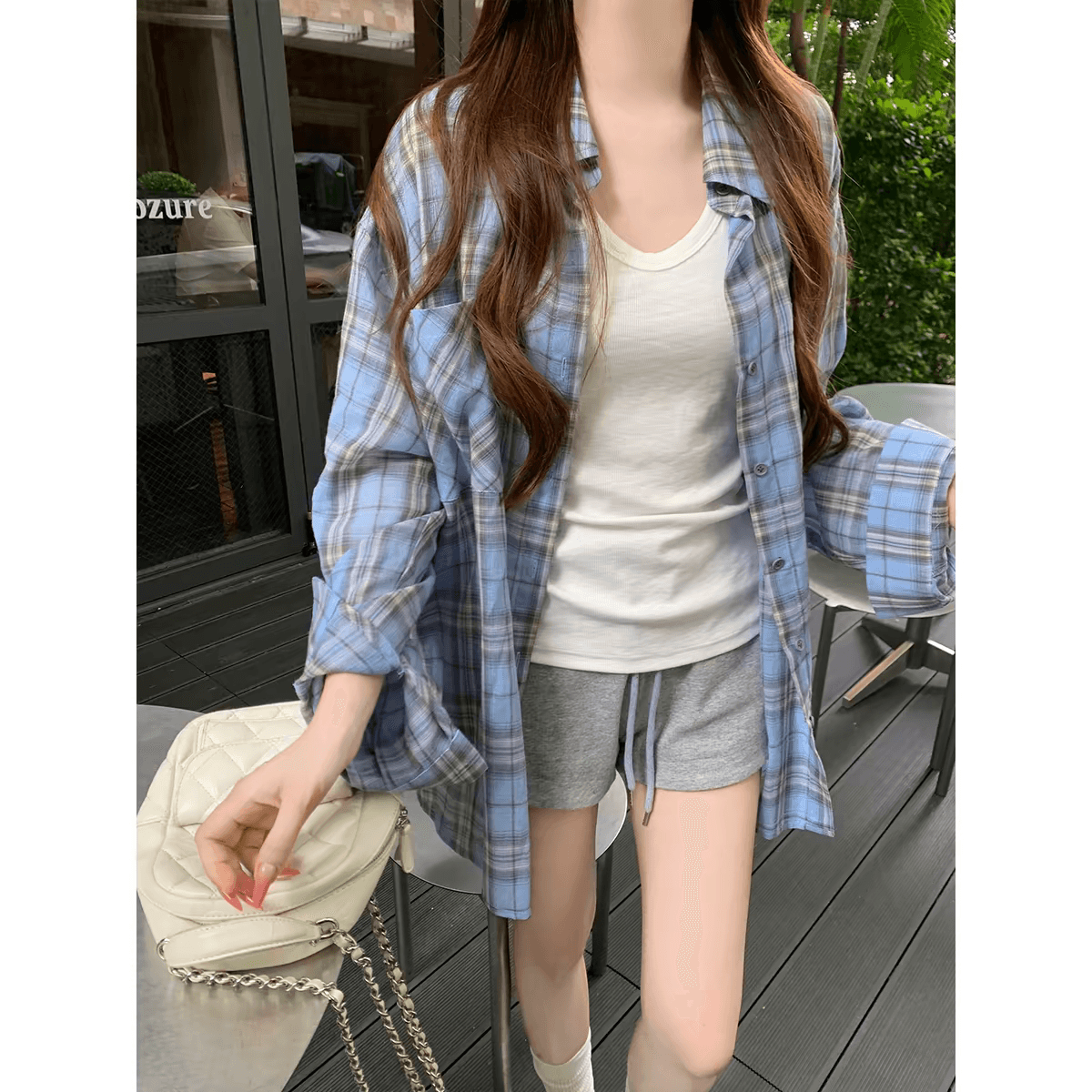 송 긍정적 인 En 파란색 격자 무늬 셔츠 여성 코트 이른 가을 자외선 차단 루즈핏 느긋한 센스 캐주얼 다용도 긴팔 작은 맨위 상세 이미지 6