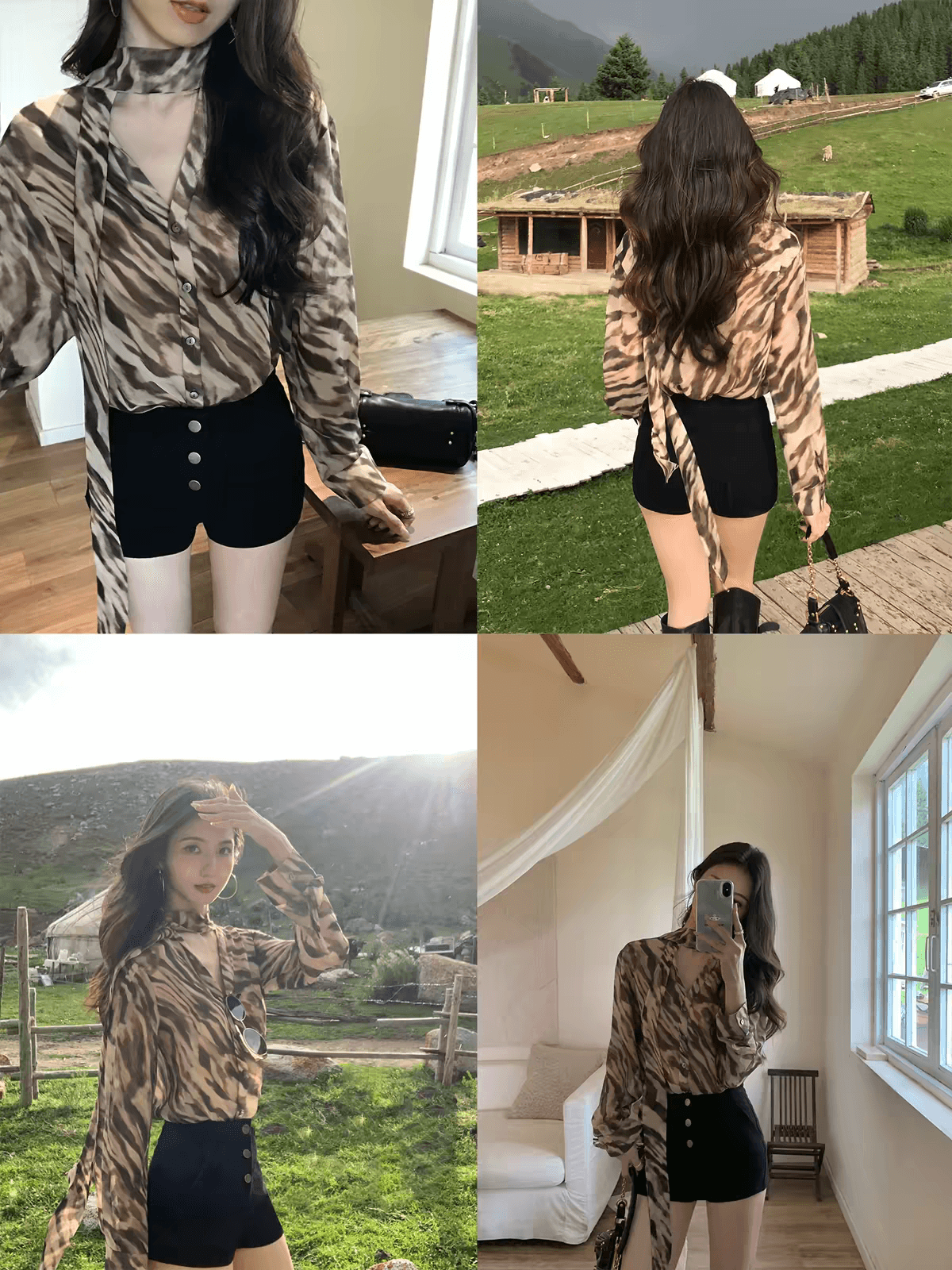 mulvan 와일드 감기 커피 색상 레오파드 무늬 V넥 리본 긴팔 프린트 여성 셔츠 로얄 자매 바람 얇은 스타일 맨위 상세 이미지 3