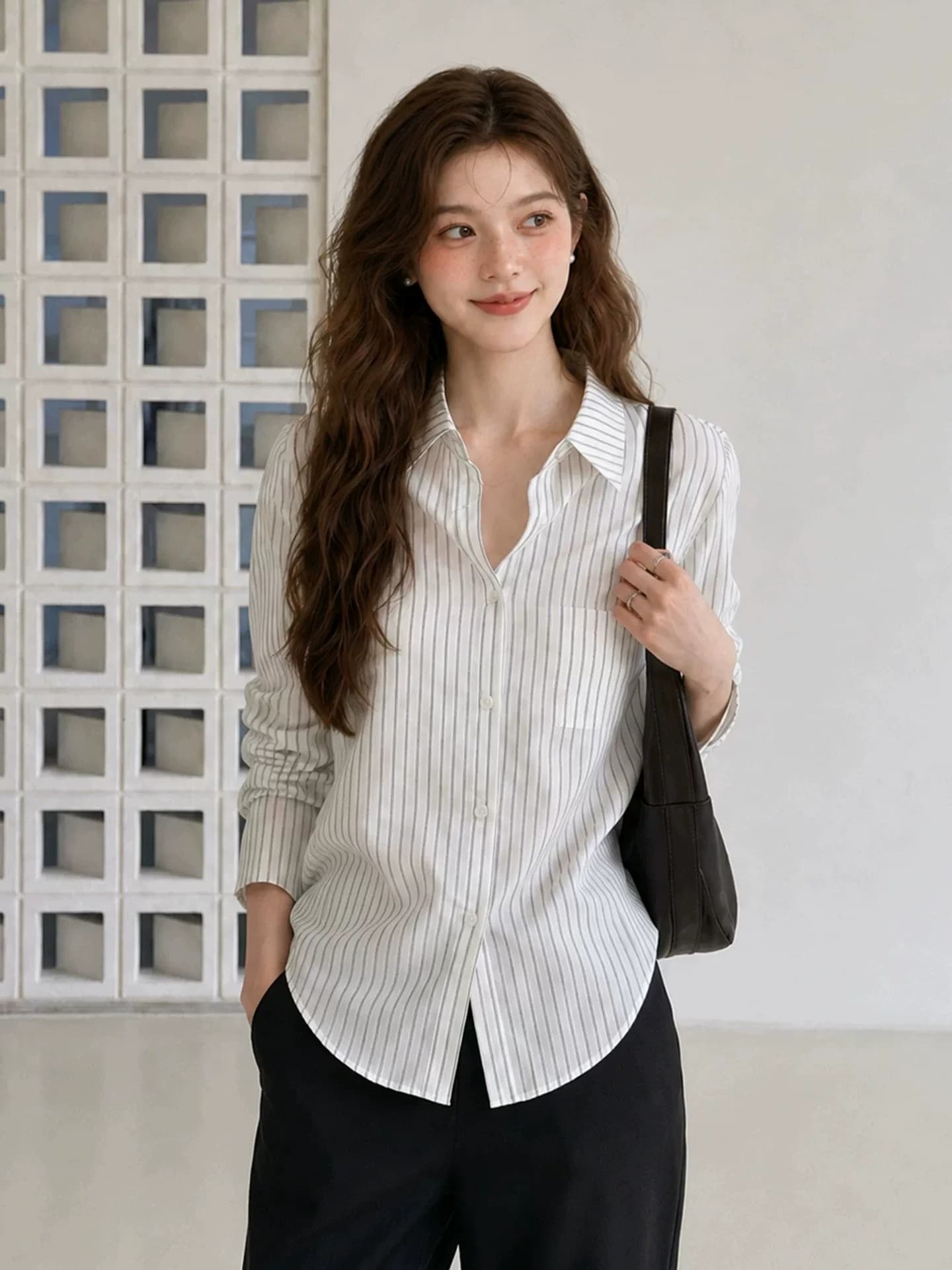 besober 스트라이프 화이트 폴로 칼라 허리 명중 Pleat 여성 셔츠 루즈핏 캐주얼 품격 긴팔 셔츠 맨위 가을 이미지 4