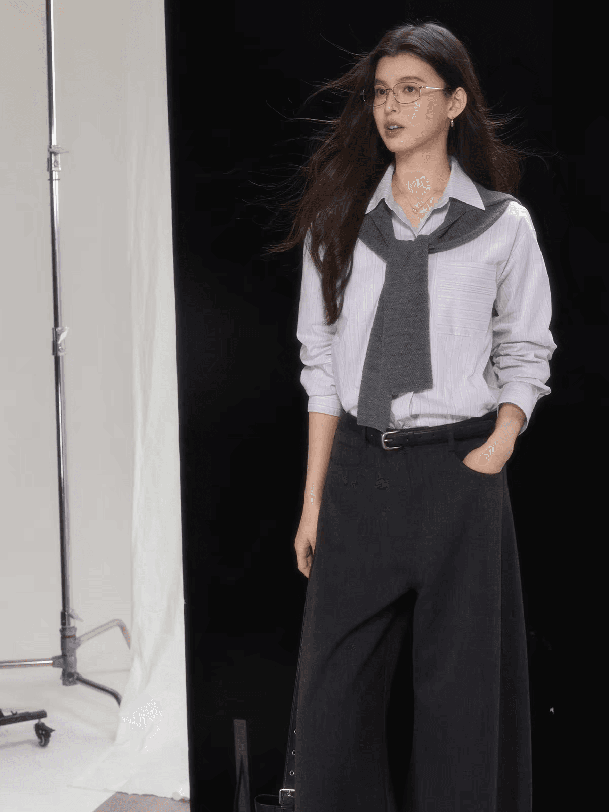 II 양 디자인 히아신스 클래식 품격 출퇴근 폴로 칼라 보라색 스트라이프 셔츠 상세 이미지 4