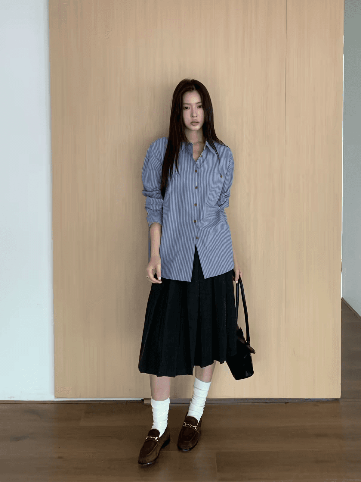 halo luu 파란색 스트라이프 여성 셔츠 이른 가을 새로운 디자인 센스 셔츠 레트로 루즈핏 다용도 긴팔 맨위 상세 이미지 1