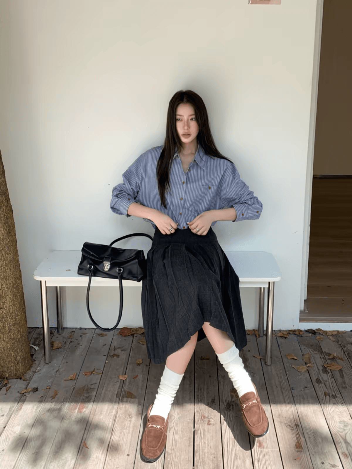 halo luu 파란색 스트라이프 여성 셔츠 이른 가을 새로운 디자인 센스 셔츠 레트로 루즈핏 다용도 긴팔 맨위 상세 이미지 2