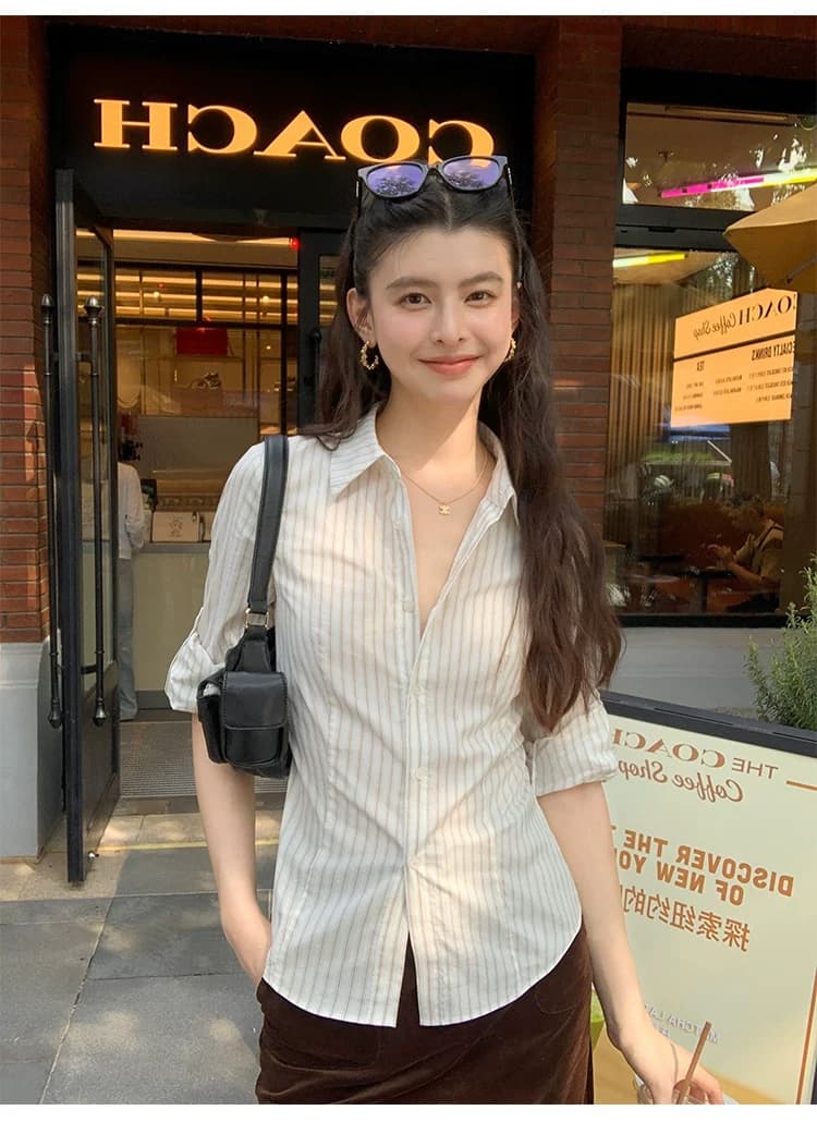 pusumede 지능 로밍 소금 부서 스트라이프 폴로 칼라 셔츠 여성 긴 소매 셔츠 품격 몸매 가꾸기 스택 착용 맨위