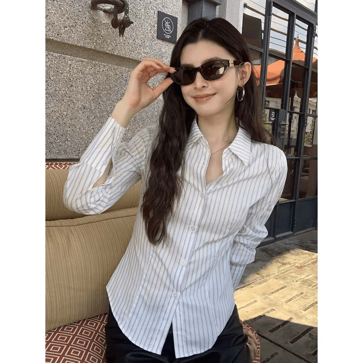 pusumede 지능 로밍 소금 부서 스트라이프 폴로 칼라 셔츠 여성 긴 소매 셔츠 품격 몸매 가꾸기 스택 착용 맨위 이미지 4