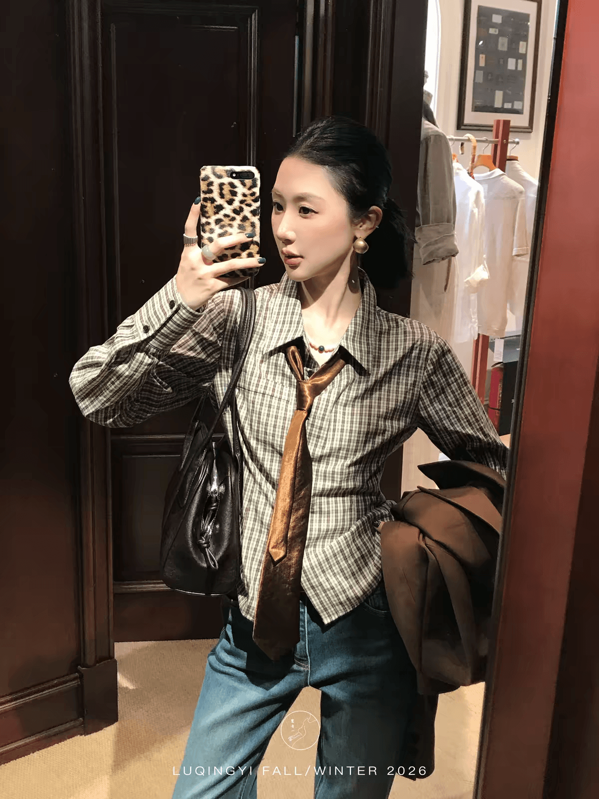 왜가리 녹색 하나 명상 8.05 20 00 신제품 레트로 체크무늬 몸매 가꾸기 폴로 칼라 쇼트 스타일 셔츠 상세 이미지 4