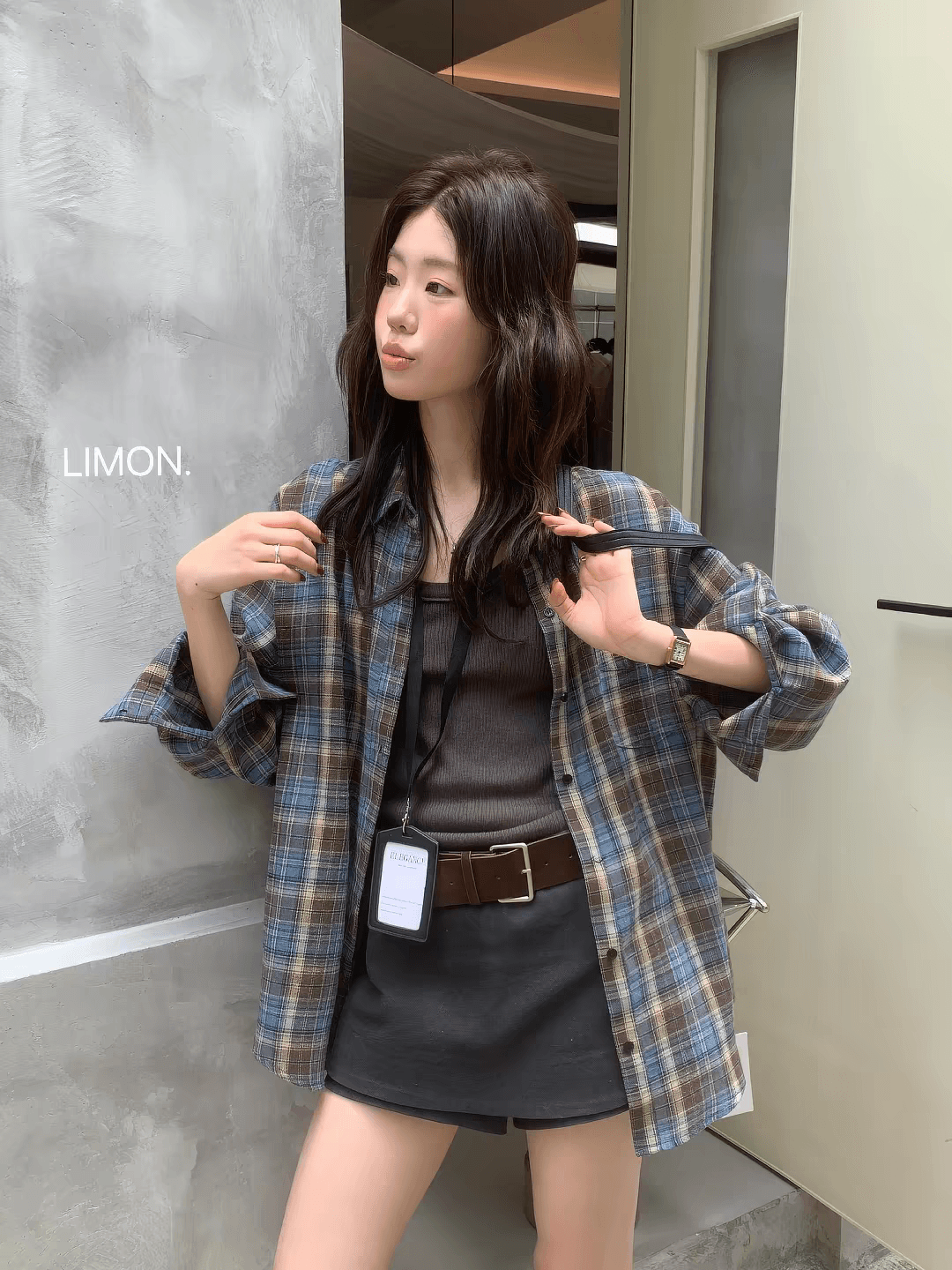 the limon 레몬 녹차 2026 가을 한 부서 체크무늬 여성 셔츠 루즈핏 느긋한 느슨함 센스 셔츠 이미지 2